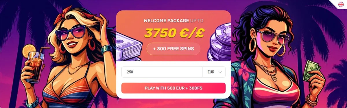 “Wide promo banner with two illustrated women in a tropical night scene and a central offer card reading ‘Welcome Package up to 3750 €/£ + 300 free spins’, plus a deposit amount field (250), currency dropdown (EUR), and a ‘Play with 500 EUR + 300FS’ button.”