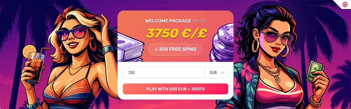 “Wide promo banner with two illustrated women in a tropical night scene and a central offer card reading ‘Welcome Package up to 3750 €/£ + 300 free spins’, plus a deposit amount field (250), currency dropdown (EUR), and a ‘Play with 500 EUR + 300FS’ button.”