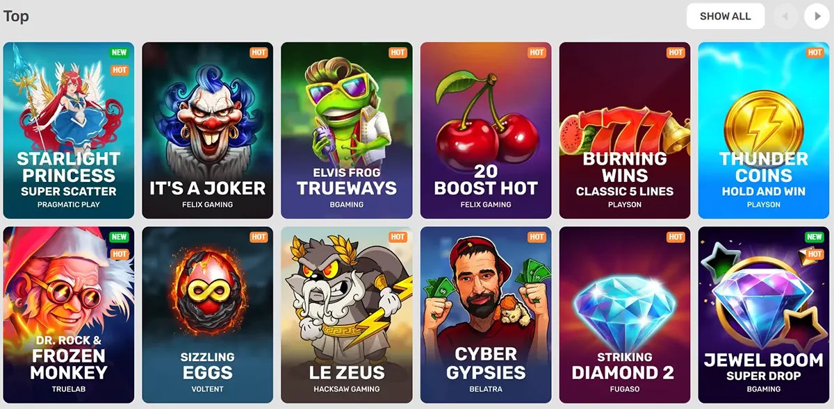 Casino lobby “Top” section showing a grid of featured slot games, including Starlight Princess, It’s a Joker, Elvis Frog Trueways, Burning Wins, Thunder Coins, and more.