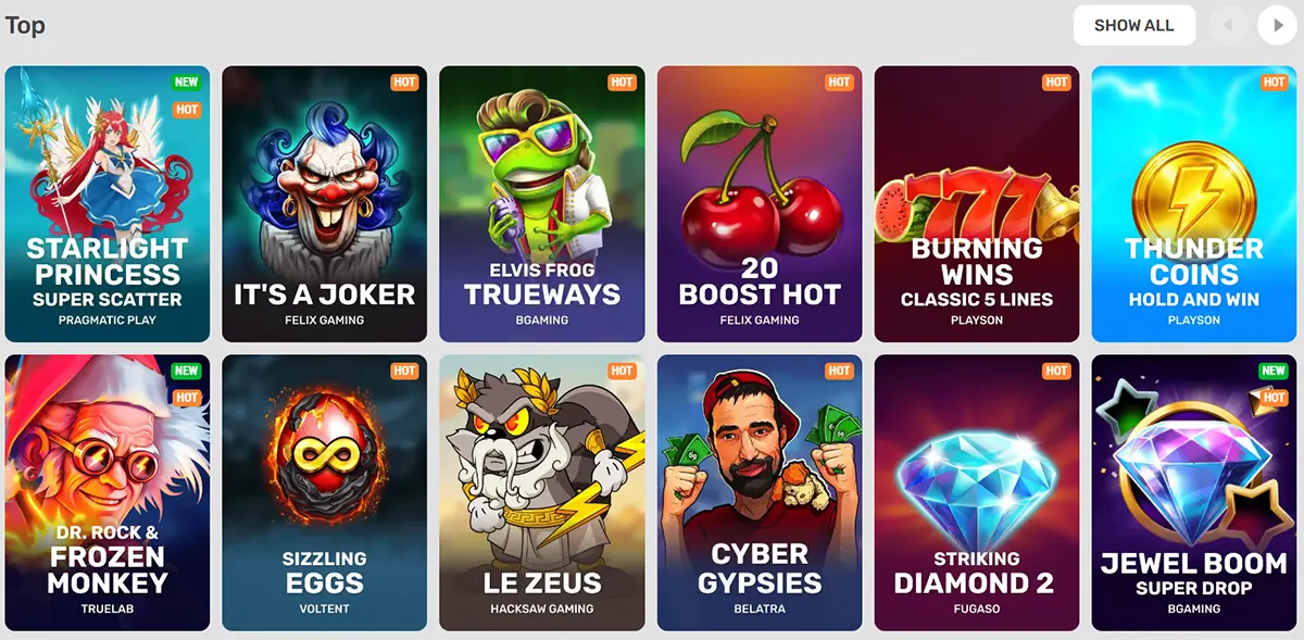 Casino lobby “Top” section showing a grid of featured slot games, including Starlight Princess, It’s a Joker, Elvis Frog Trueways, Burning Wins, Thunder Coins, and more.
